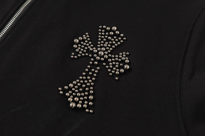 Chrome Hearts Rhinestone Cross Hoodie - Black Gothic Streetwear Sweatshirt 2633
