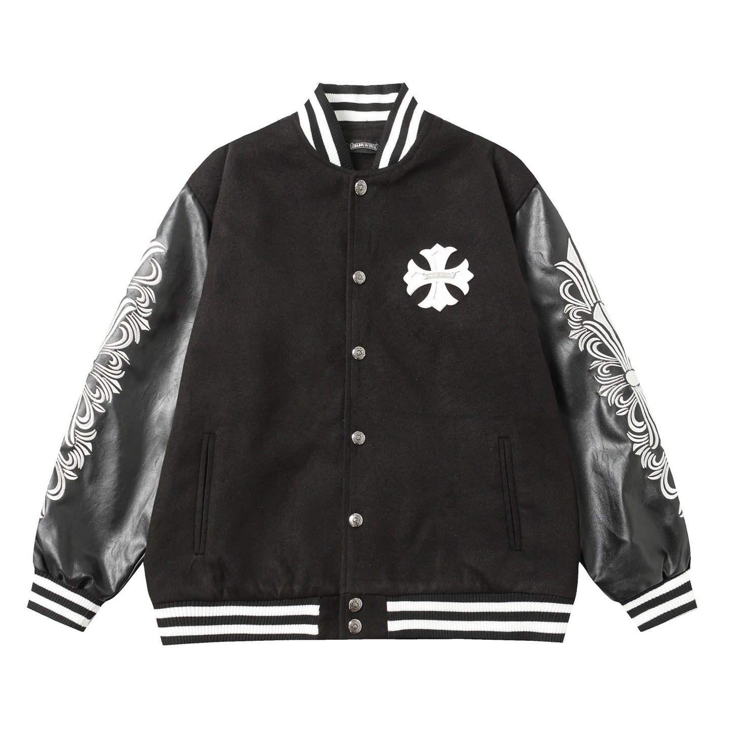 Chrome Hearts Cross Embroidered Leather Sleeve Varsity Jacket - Black Street Style 116